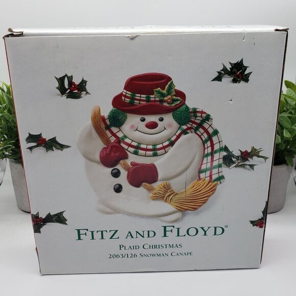 Fitz & Floyd 2000's Plaid Christmas Snowman 9" Canape Plate - Picture 10 of 11